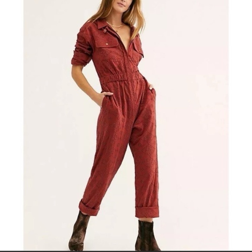 Free People eyelet Set The Tone Jumpsuit in Terracotta Small